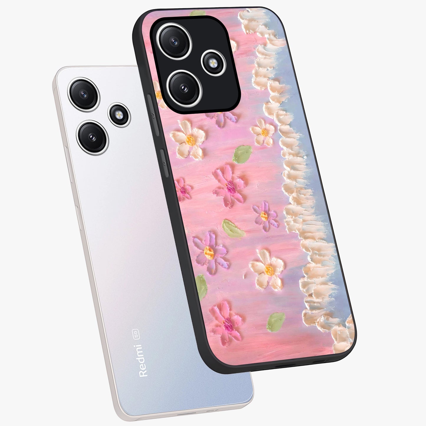 Dreamy Painted Garden Glass Case displayed in angled mockup highlighting colorful garden illustration with dreamy aesthetic style.