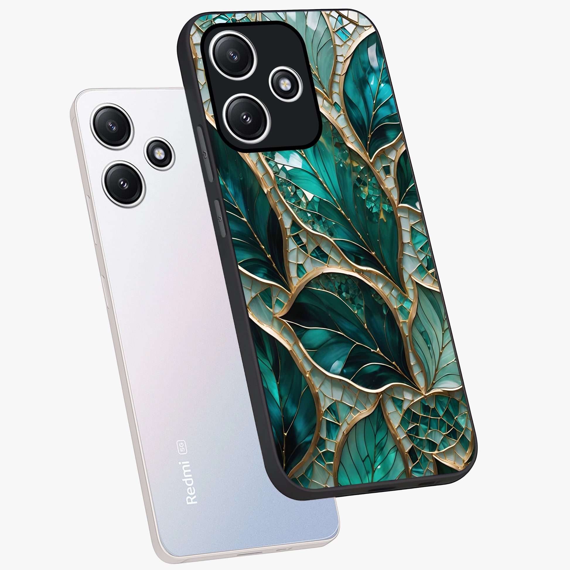 Emerald Leaf Glass Glass Case displayed in angled mockup highlighting botanical leaf illustration with elegant natural aesthetic.