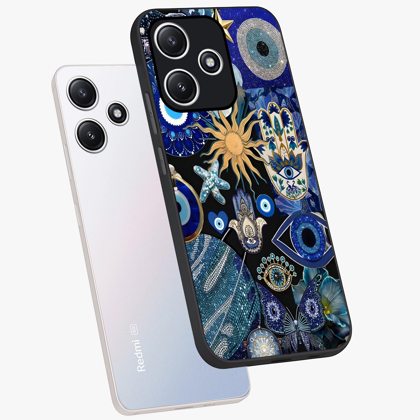 Evil Eye Charm Mix Glass Case displayed in angled mockup highlighting protective evil eye symbols with spiritual aesthetic design.