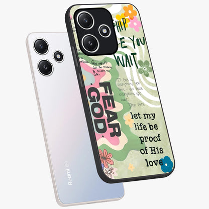 Faith Over Fear Glass Case displayed in angled mockup highlighting inspirational message design with modern aesthetic style.