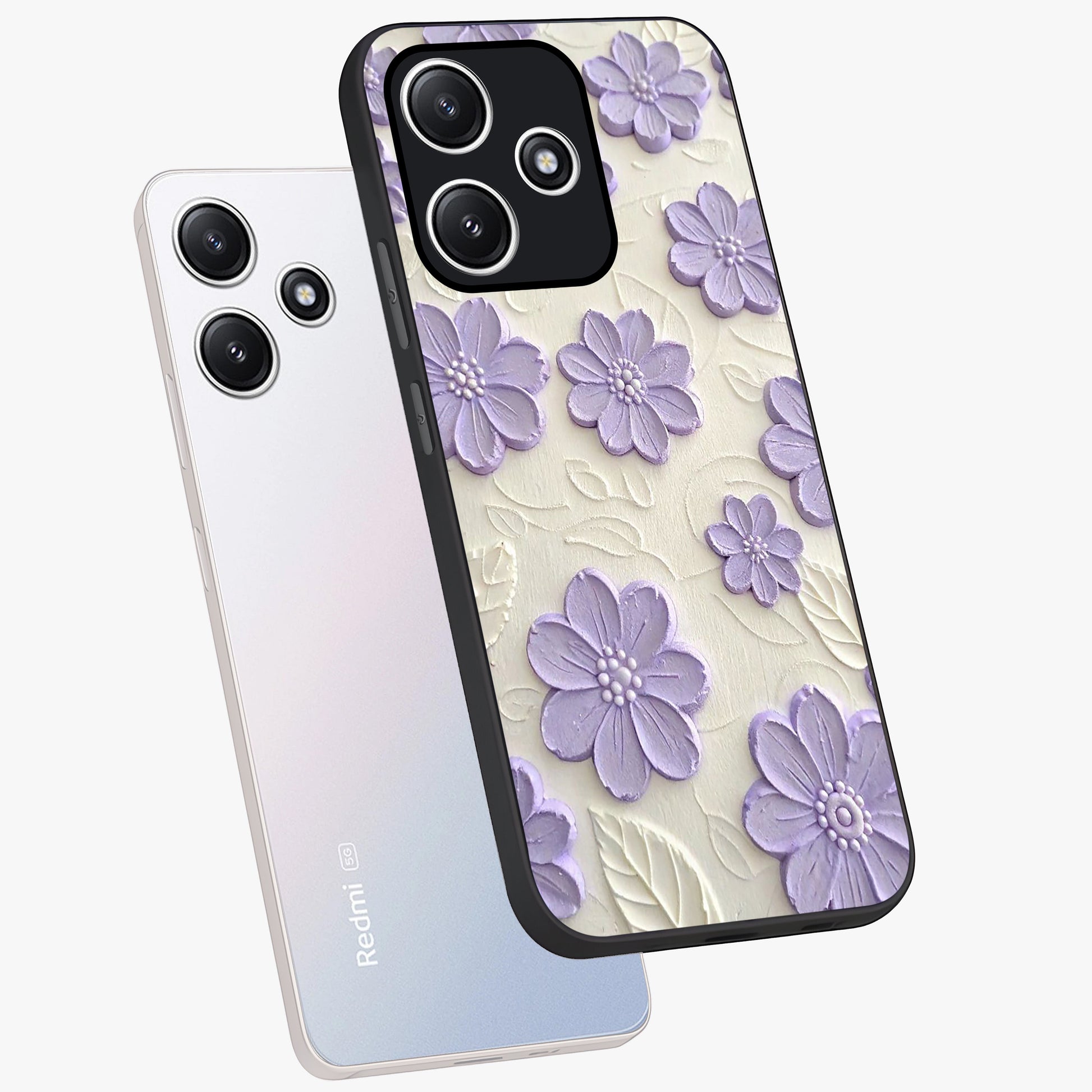 Floral Wall Art With Purple Flowers Glass Case displayed in angled mockup highlighting vibrant purple floral illustration with artistic aesthetic.