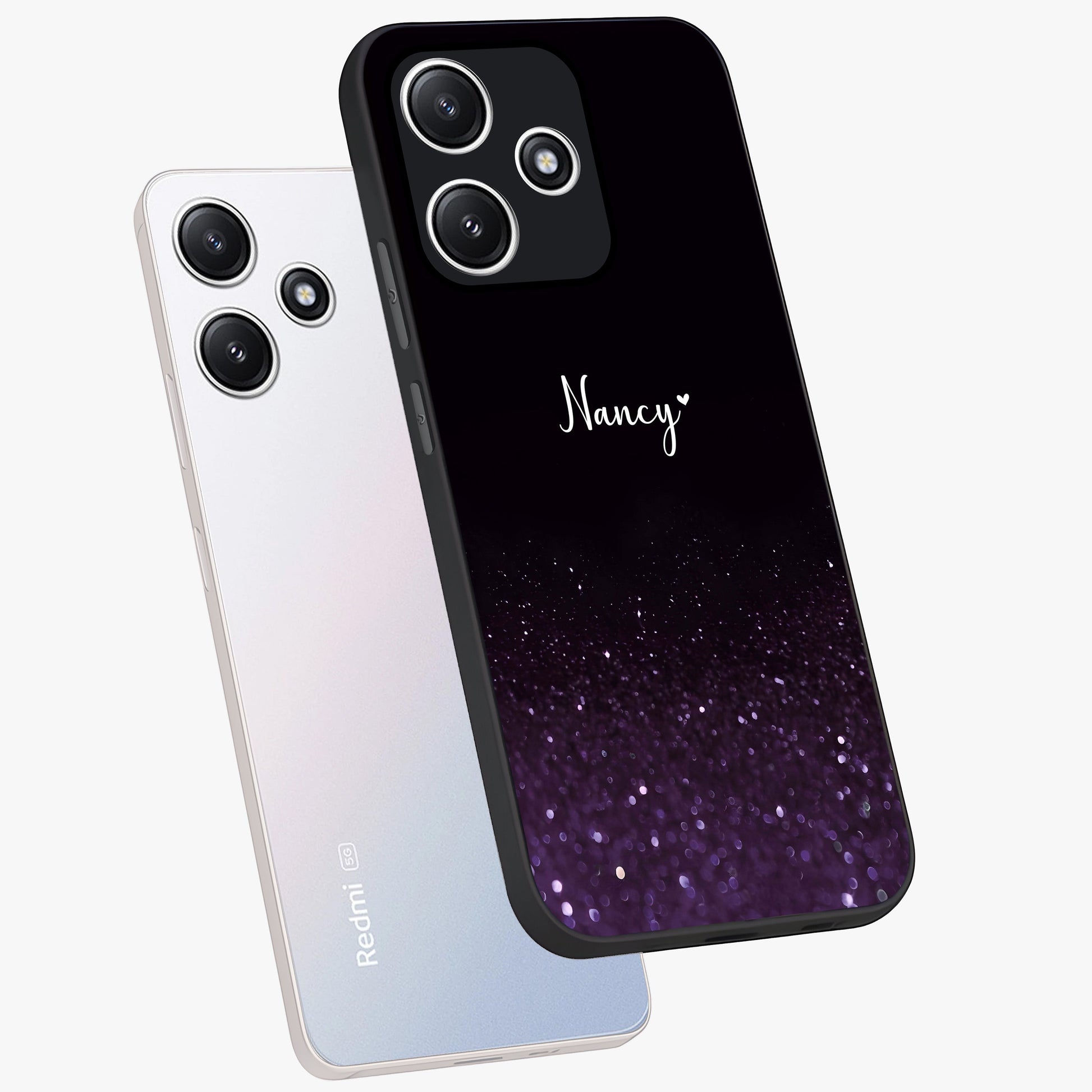 Glittery Purple Bokeh Custom Name Glass Case displayed in angled mockup highlighting glitter bokeh pattern with custom name feature.