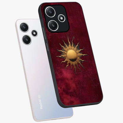 Golden Sun Minimalism Glass Case displayed in angled mockup highlighting clean sun symbol design with modern minimal aesthetic.