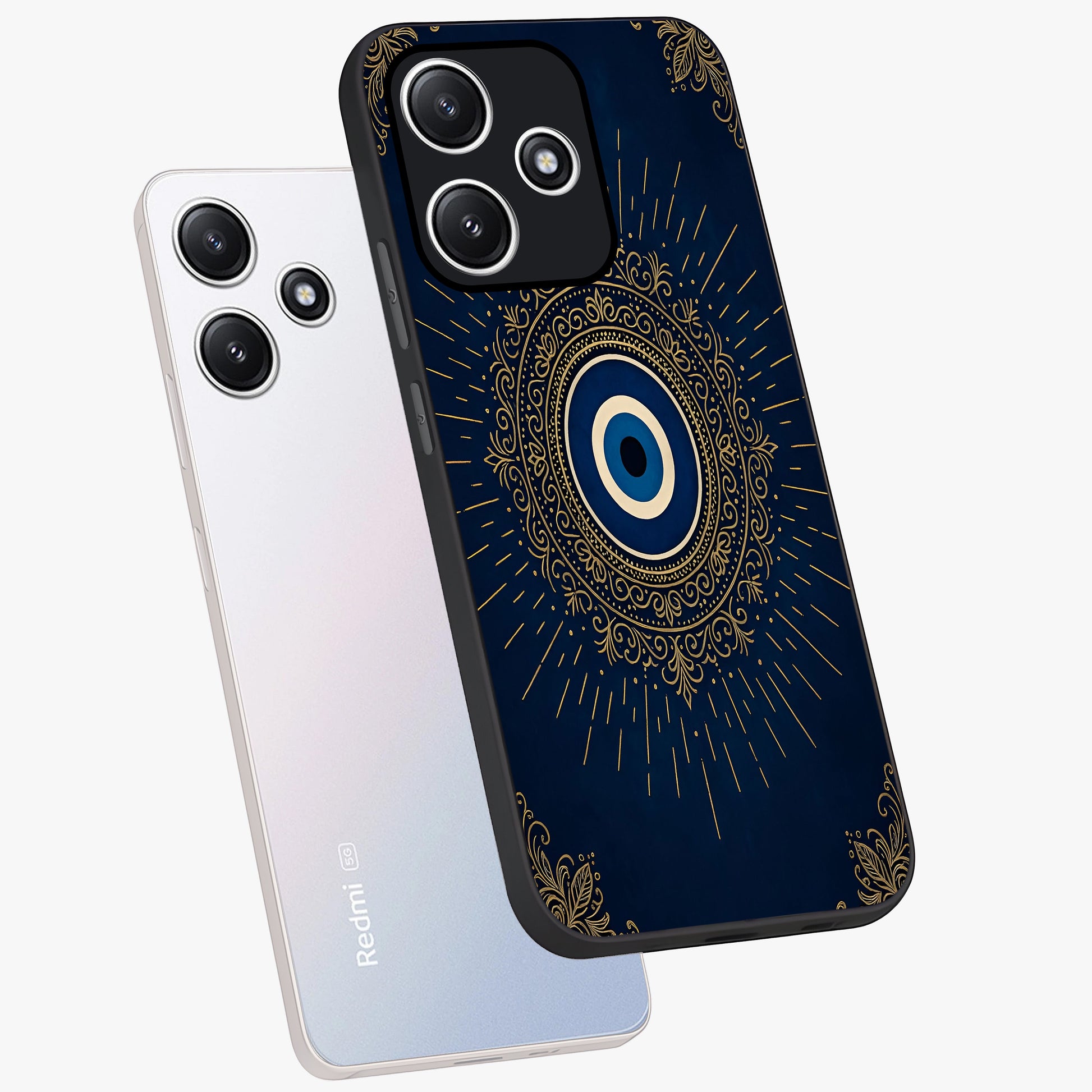 Golden Celestial Charm Glass Case displayed in angled mockup highlighting sparkling cosmic charm design with celestial aesthetic.