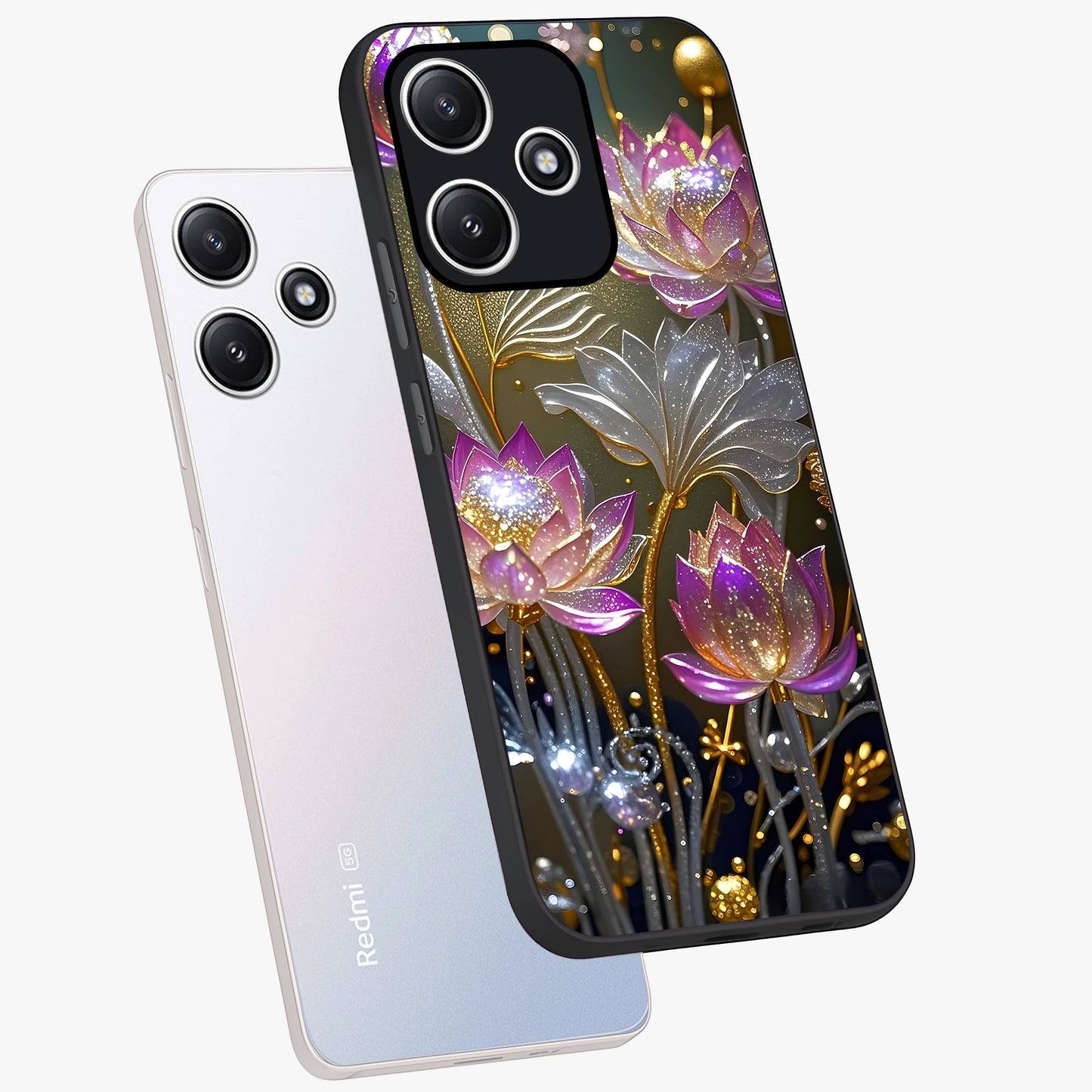 Golden Floral Majesty Glass Case displayed in angled mockup highlighting elegant flower design with royal golden aesthetic.