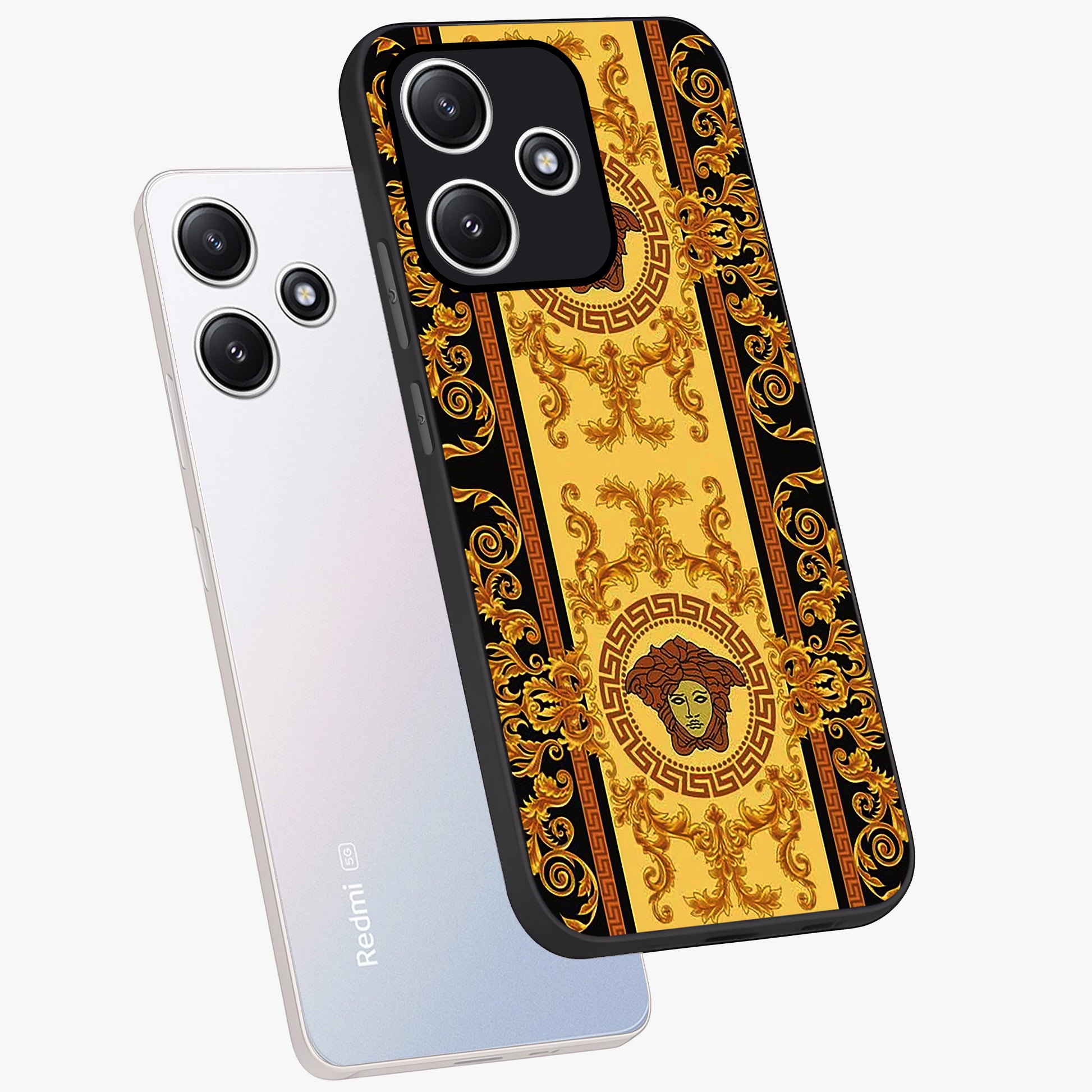 Golden Lotus Glow Glass Case displayed in angled mockup highlighting radiant lotus illustration with spiritual aesthetic.