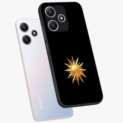 Golden Sun Minimalism Glass Case displayed in angled mockup highlighting eerie shadow illustration with gothic aesthetic.