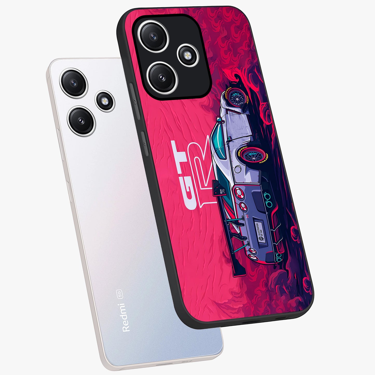 GT-R Car Pattern Glass Case displayed in angled mockup highlighting racing car graphic design with bold automotive aesthetic.