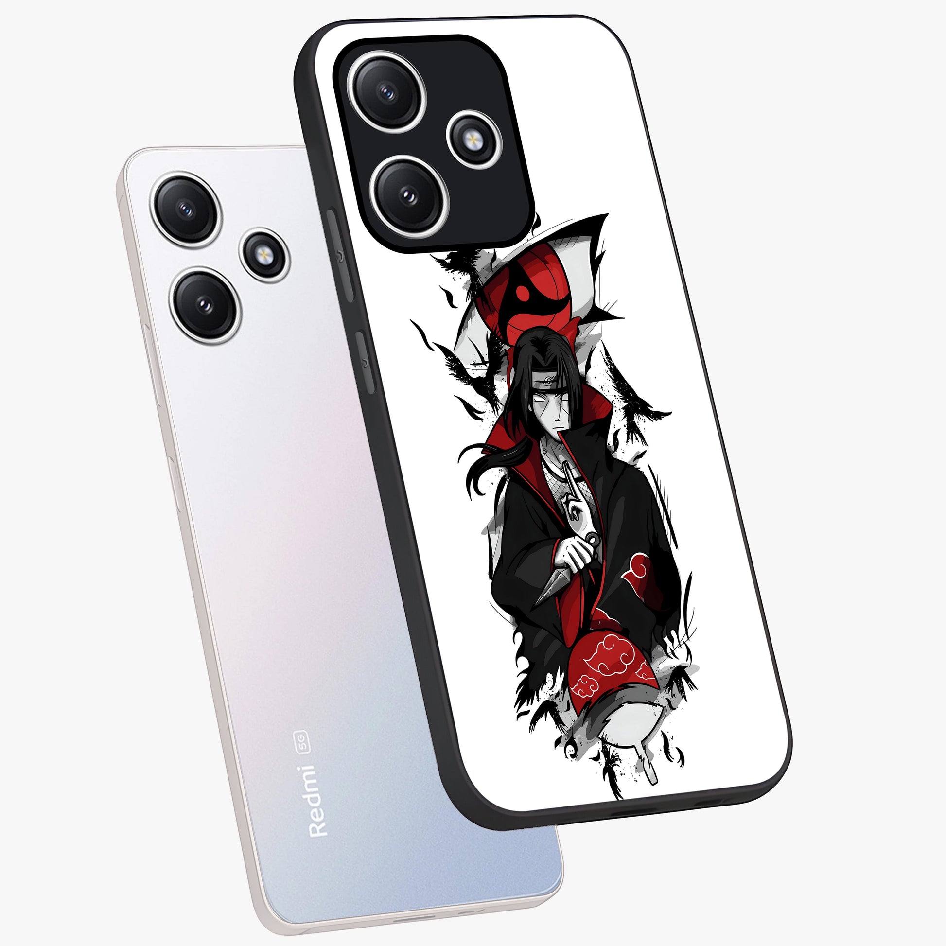 Itachi Limited Edition Naruto Anime Glass Case displayed in angled mockup highlighting dramatic anime illustration with bold action aesthetic.
