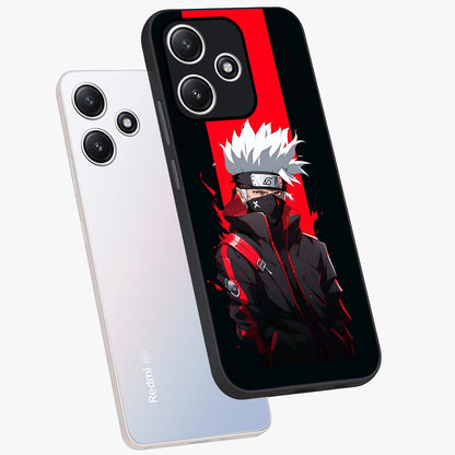 Kakashi Scarlet Shadow Glass Case displayed in angled mockup highlighting dramatic ninja illustration with scarlet themed aesthetic.