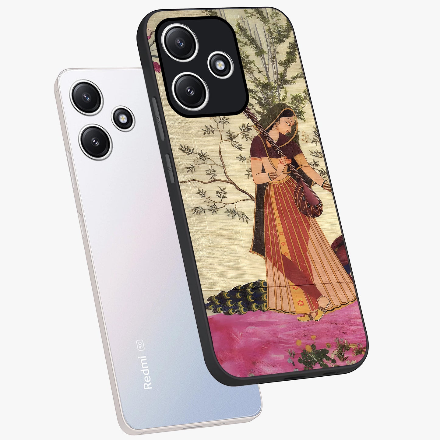 Lady With Veena Art Glass Case displayed in angled mockup highlighting graceful musical illustration with cultural artistic aesthetic.