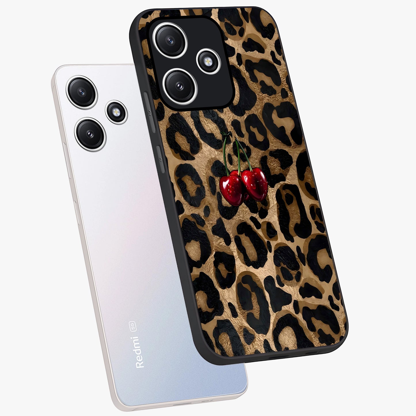 Leopard Wild Cherry Glass Case displayed in angled mockup highlighting bold animal print design with playful cherry aesthetic.
