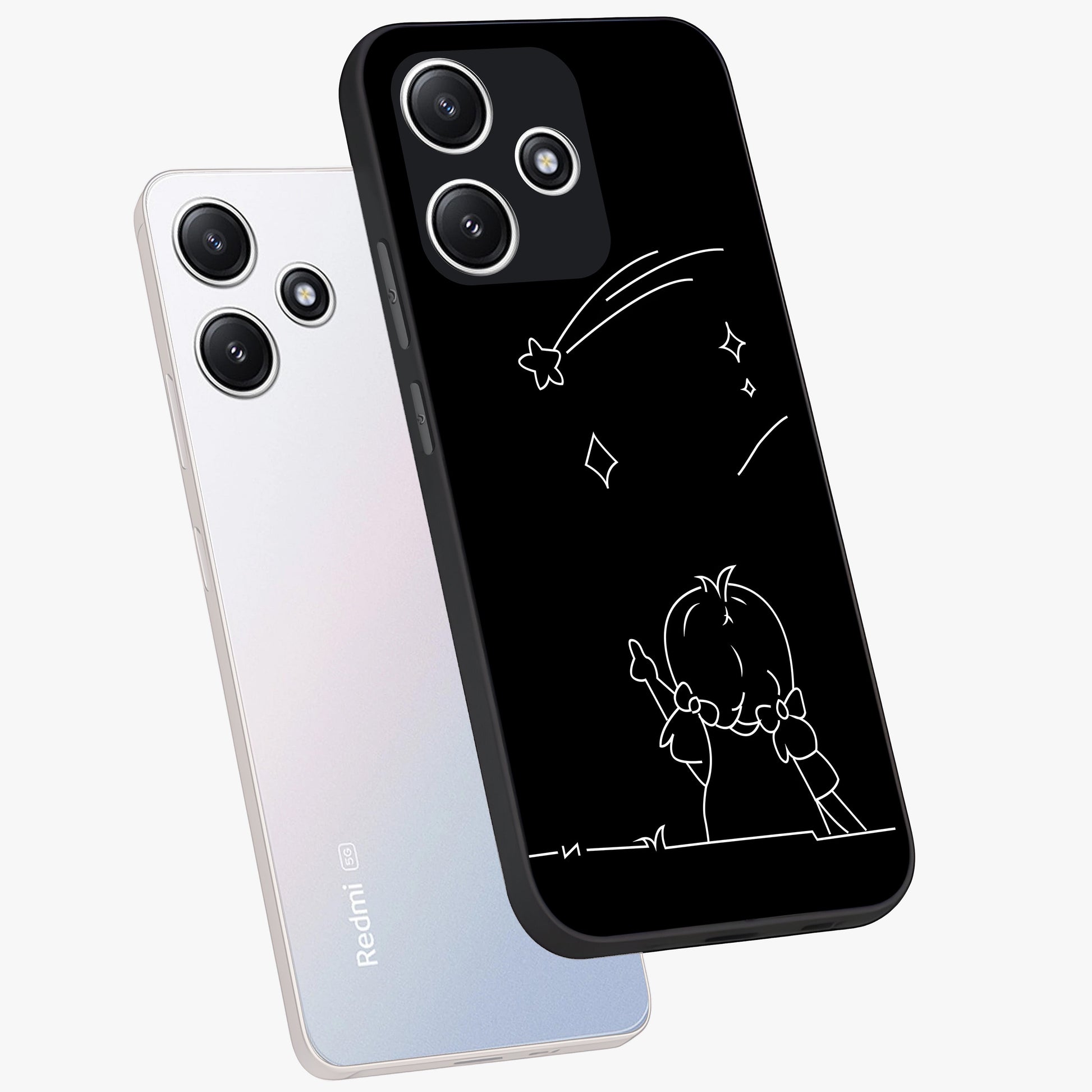 Line Art Girl With Shooting Stars Glass Case displayed in angled mockup highlighting elegant line art design with dreamy star aesthetic.