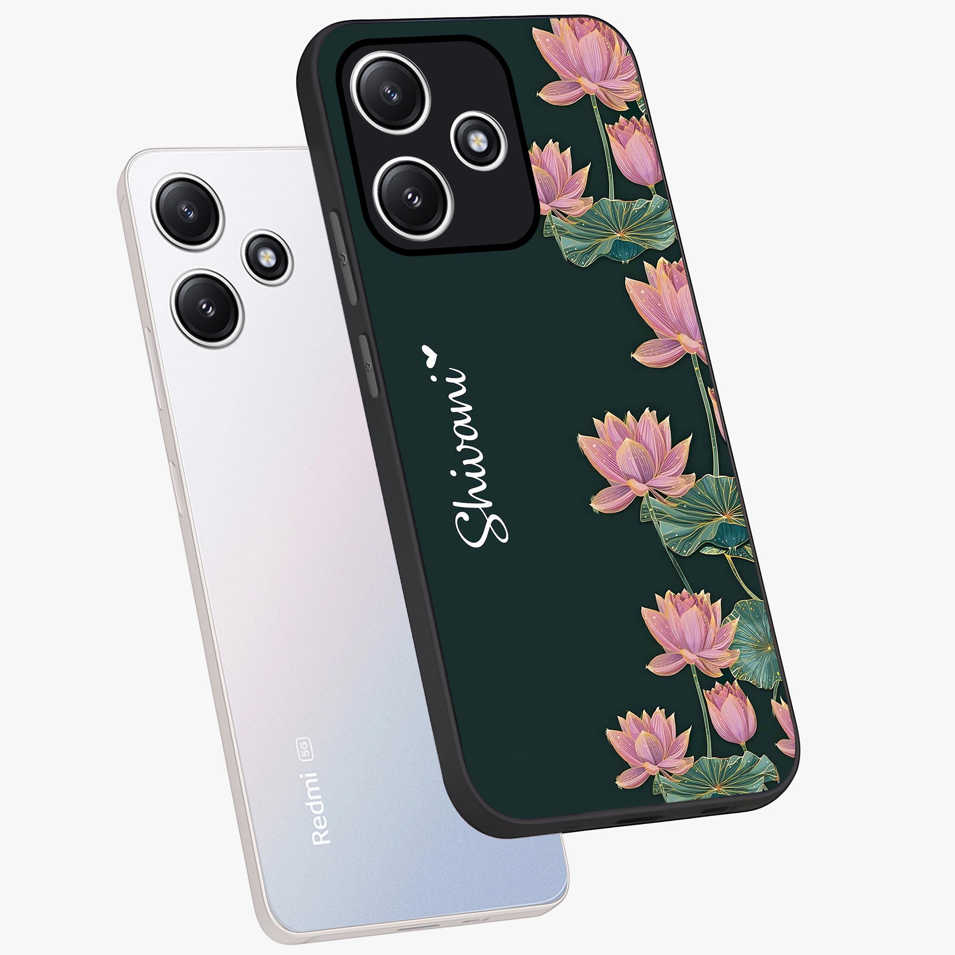 Lotus Bloom Serenity Custom Name Glass Case displayed in angled mockup highlighting graceful lotus illustration with custom name feature.