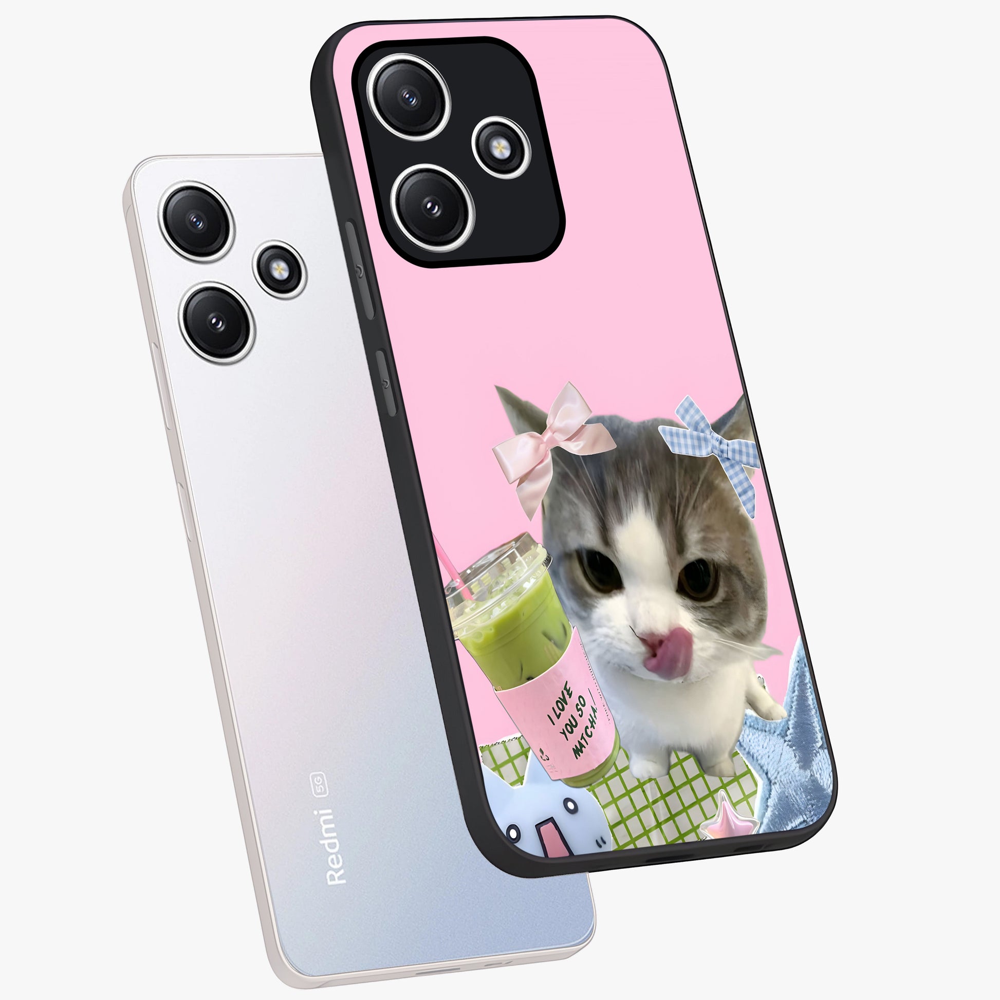 Love Matcha Cat Glass Case displayed in angled mockup highlighting playful feline illustration with cozy matcha aesthetic.