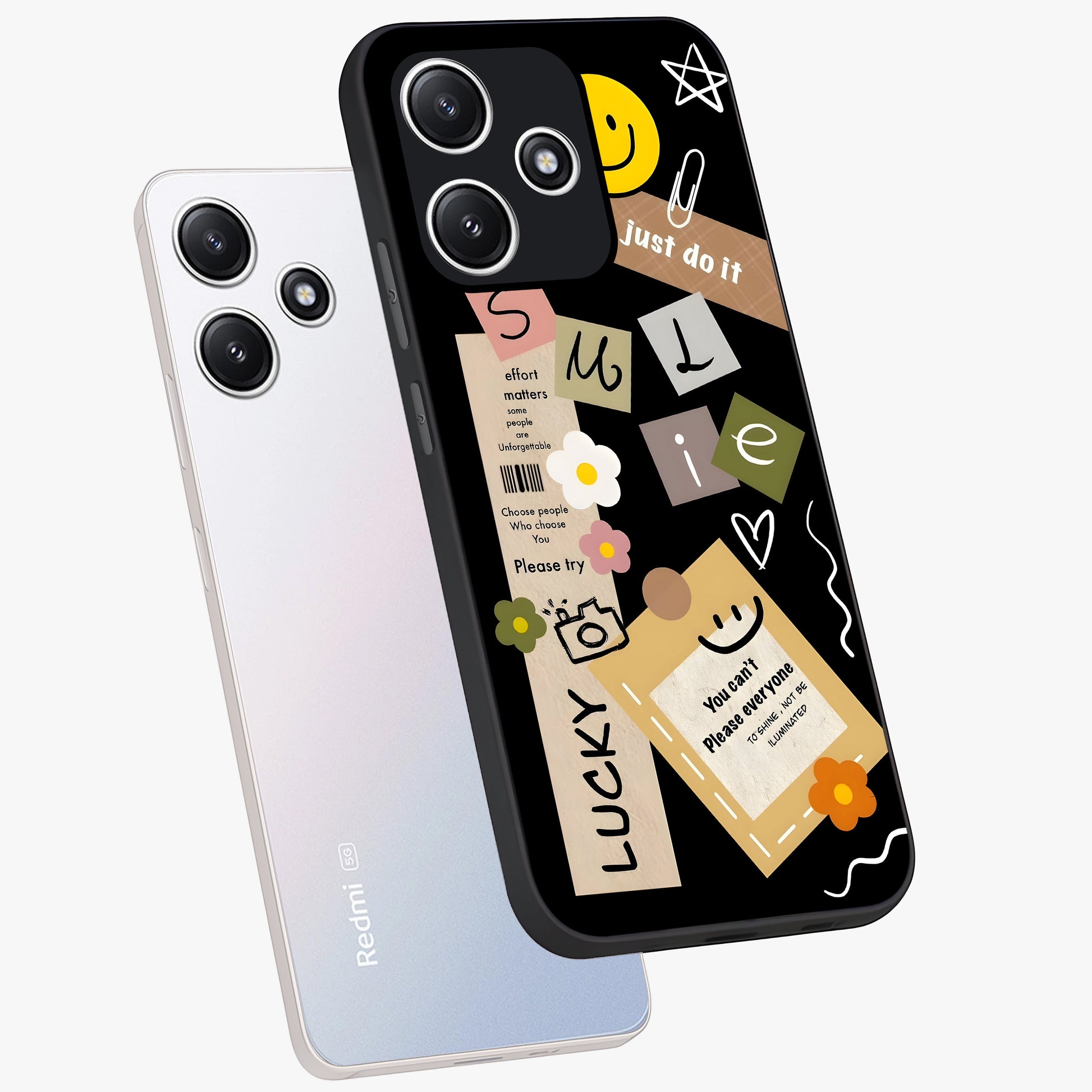 Lucky Aesthetic Collage Glass Case displayed in angled mockup highlighting stylish collage pattern with modern aesthetic vibe.