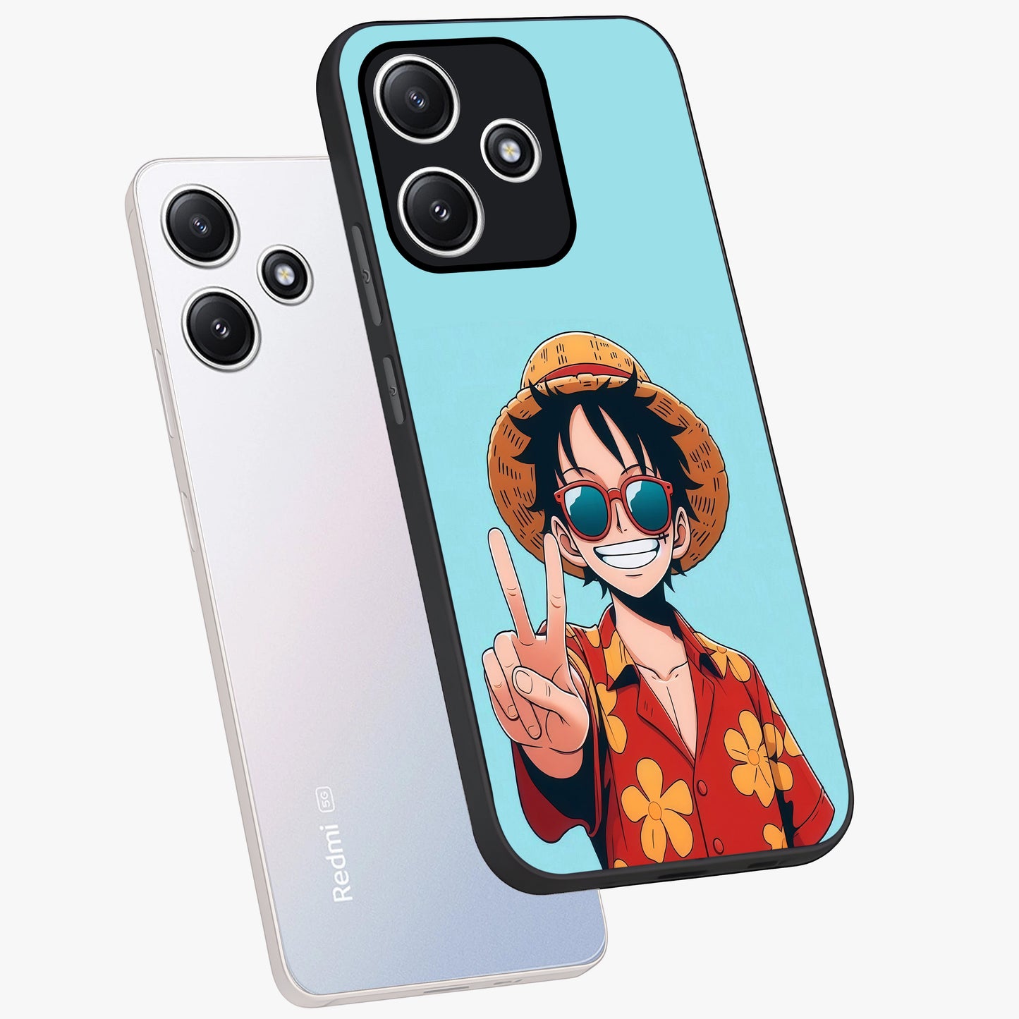 Luffy Summer Anime Vibe Glass Case displayed in angled mockup highlighting energetic anime illustration with summer vibe aesthetic.