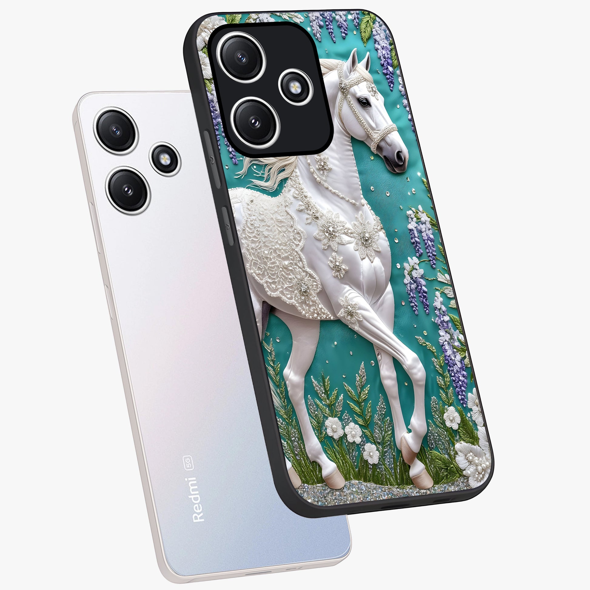 Majestic Floral Stallion Glass Case displayed in angled mockup highlighting majestic stallion illustration with elegant floral aesthetic.