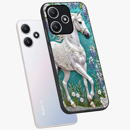 Majestic Floral Stallion Glass Case displayed in angled mockup highlighting majestic stallion illustration with elegant floral aesthetic.