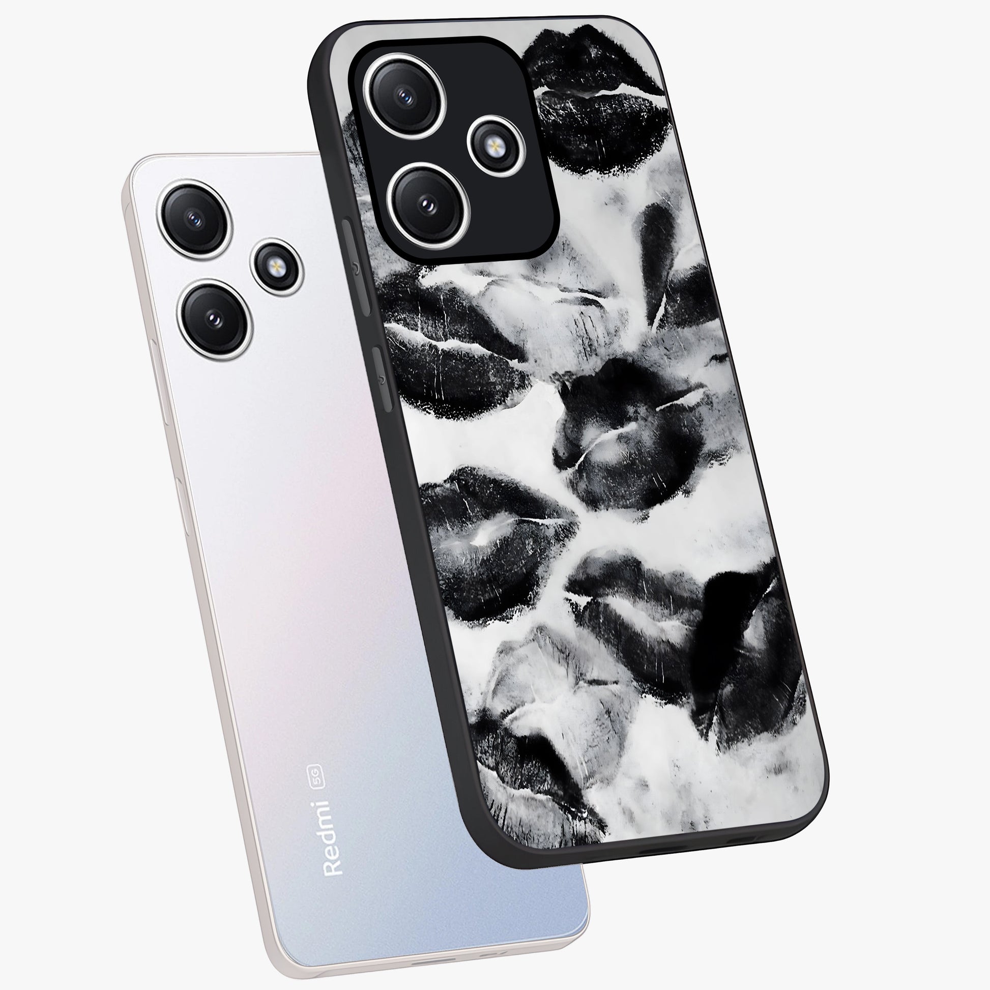 Midnight Kiss Marks Glass Case displayed in angled mockup highlighting playful romantic design with bold midnight aesthetic.