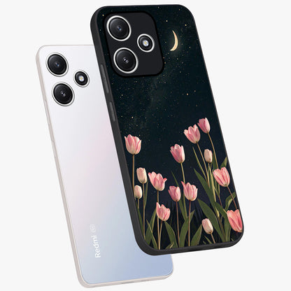 Midnight Tulip Whispers Vibe Glass Case displayed in angled mockup highlighting delicate tulip design with midnight floral aesthetic.