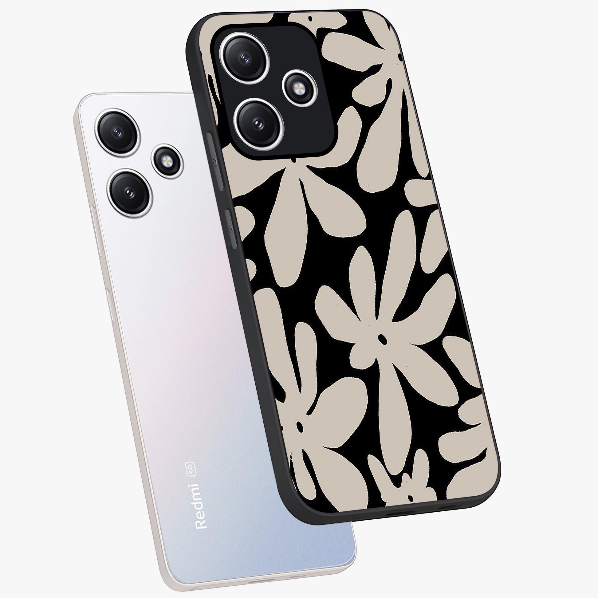 Monochrome Petal Dance Glass Case displayed in angled mockup highlighting elegant petal design with black and white aesthetic.