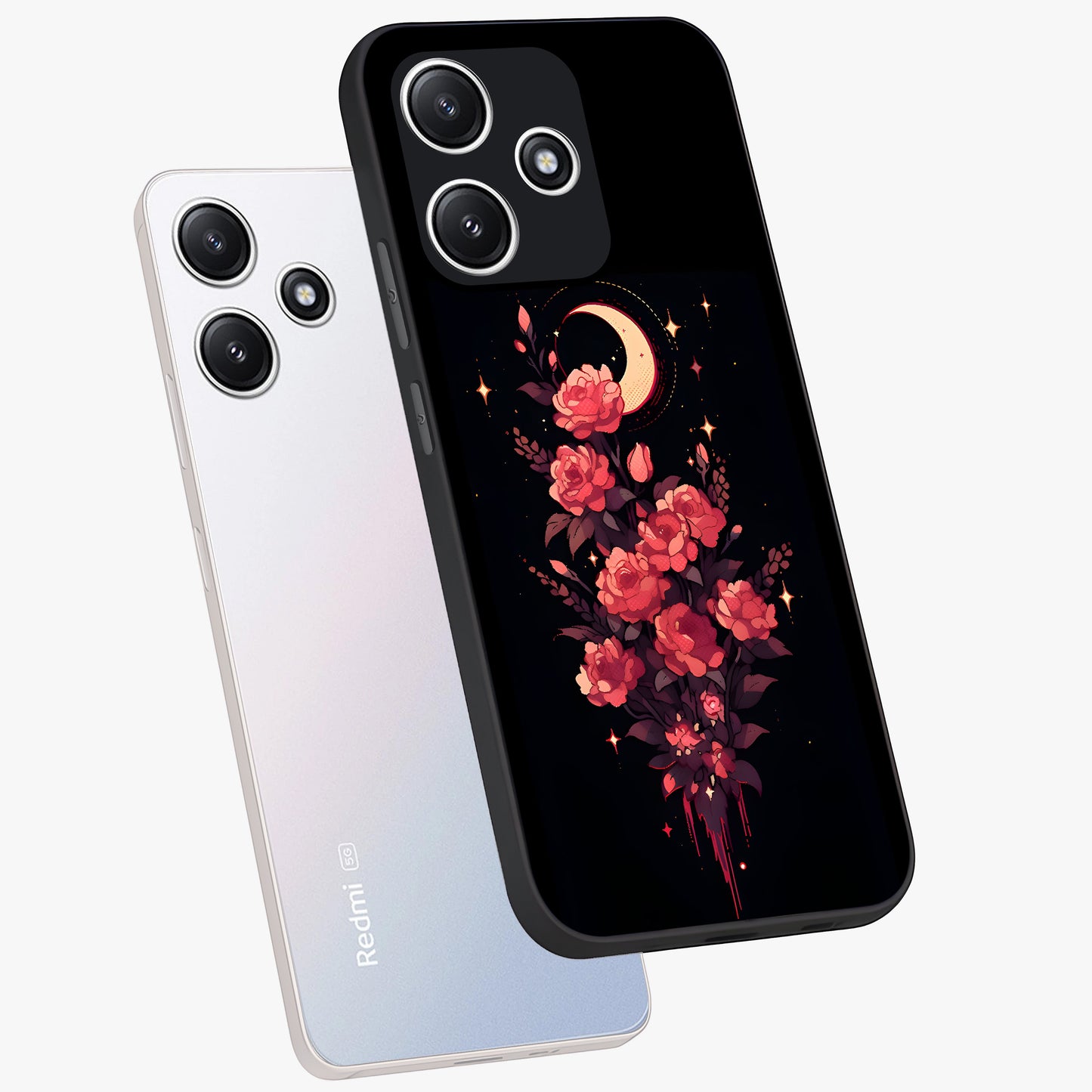 Moonlit Floral Elegance Glass Case displayed in angled mockup highlighting graceful flower design with soft moonlight aesthetic.