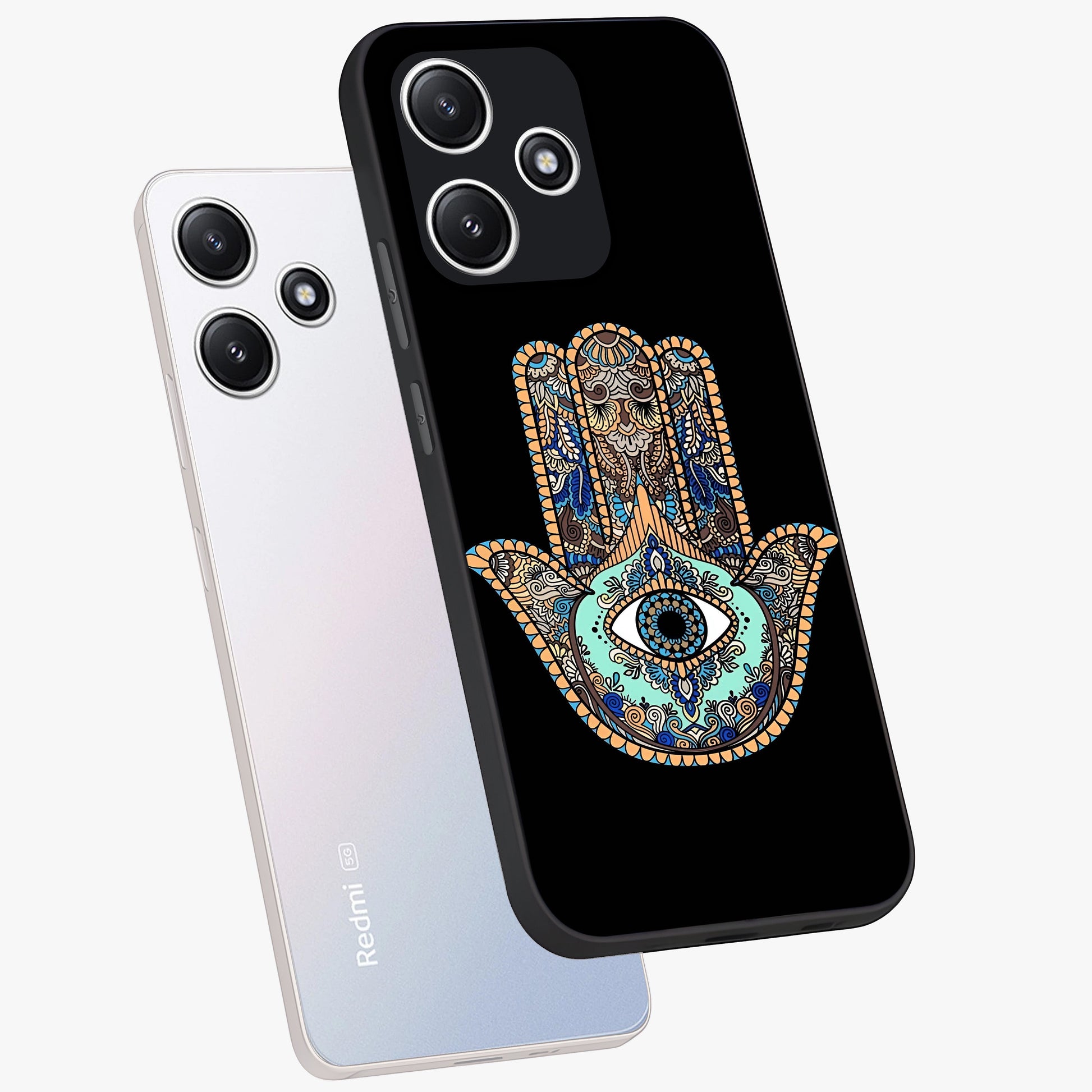 Mystic Hamsa Eye Glass Case displayed in angled mockup highlighting spiritual hamsa symbol with mystical aesthetic style.