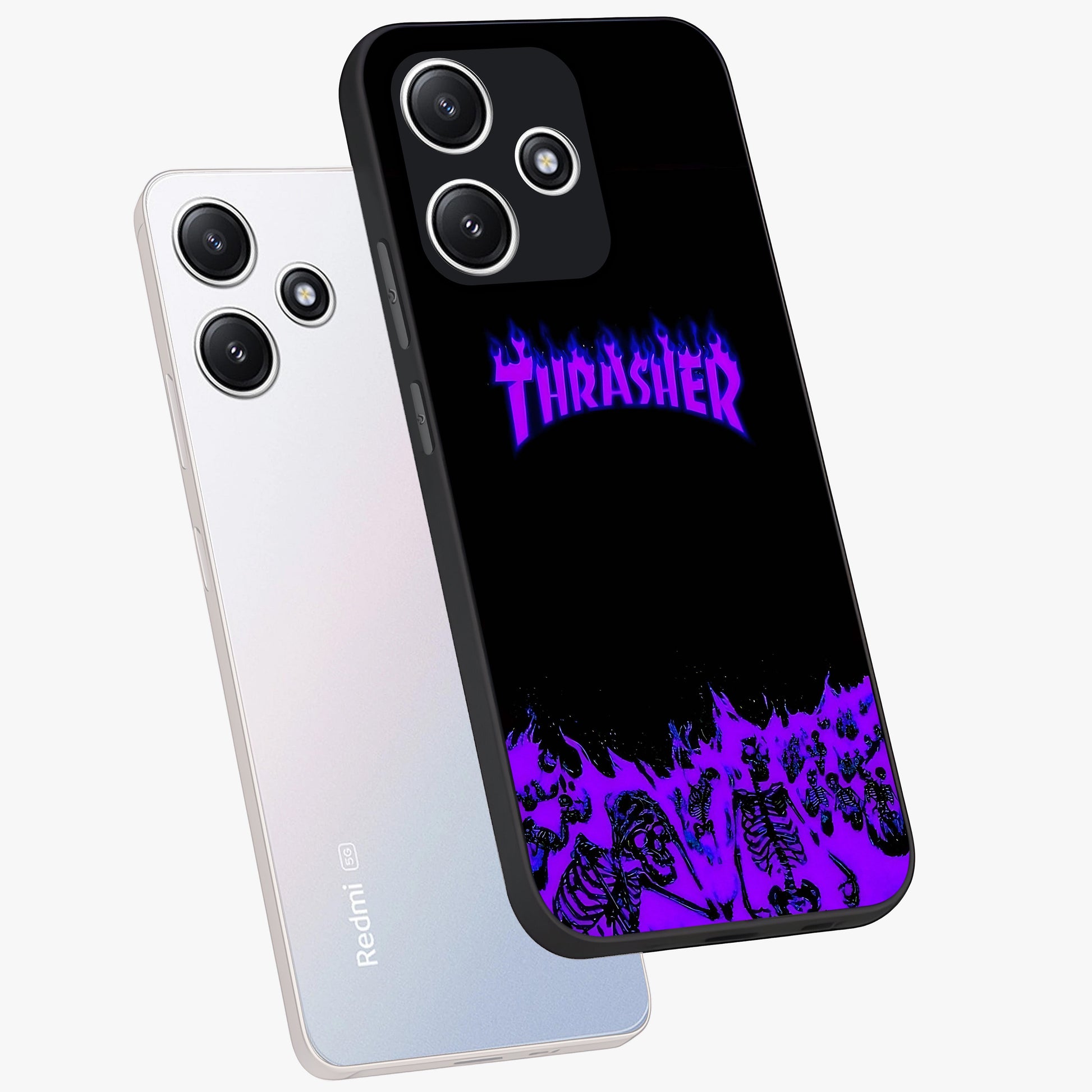 Neon Flame Riot Glass Case displayed in angled mockup highlighting glowing flame design with vibrant neon aesthetic.