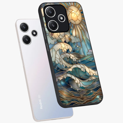 Oceanic Stained Printed Glass Case displayed in angled mockup highlighting colorful aquatic design with artistic aesthetic style.