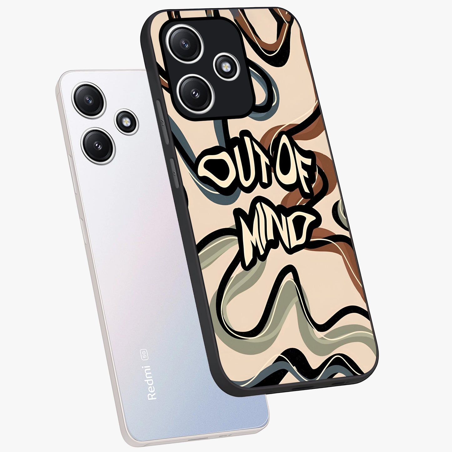 Out Of Mind Glass Case displayed in angled mockup highlighting bold statement design with modern artistic aesthetic.