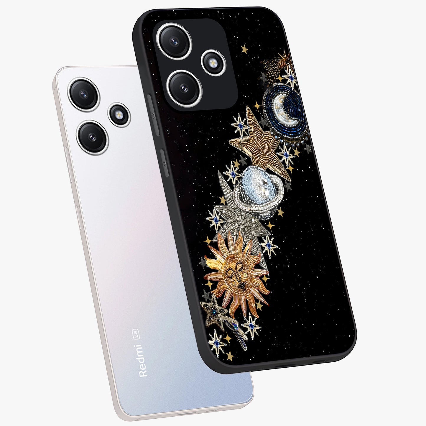 Pearls Universe Object Glass Case displayed in angled mockup highlighting celestial pearl design with dreamy aesthetic.