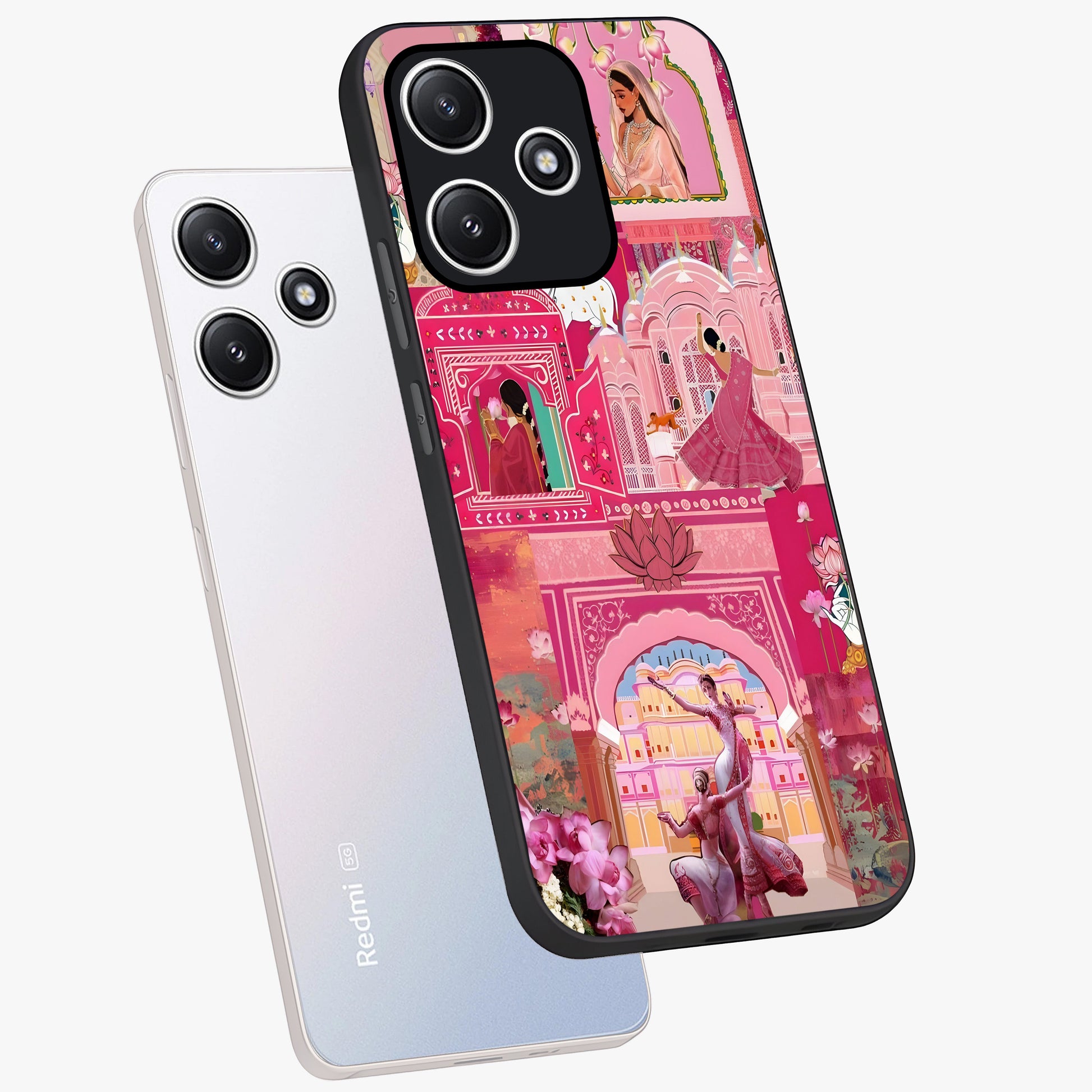 Pink Palace Muse Glass Case displayed in angled mockup highlighting dreamy palace illustration with soft pink aesthetic.
