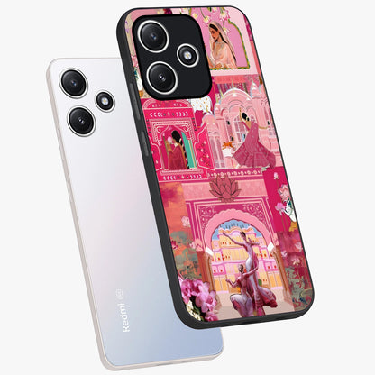 Pink Palace Muse Glass Case displayed in angled mockup highlighting dreamy palace illustration with soft pink aesthetic.