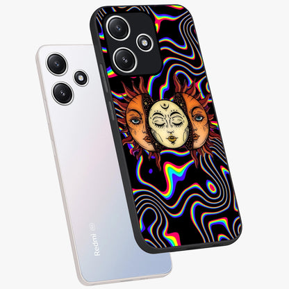 Psychedelic Sun Glass Case displayed in angled mockup highlighting vibrant abstract sun design with artistic aesthetic style.