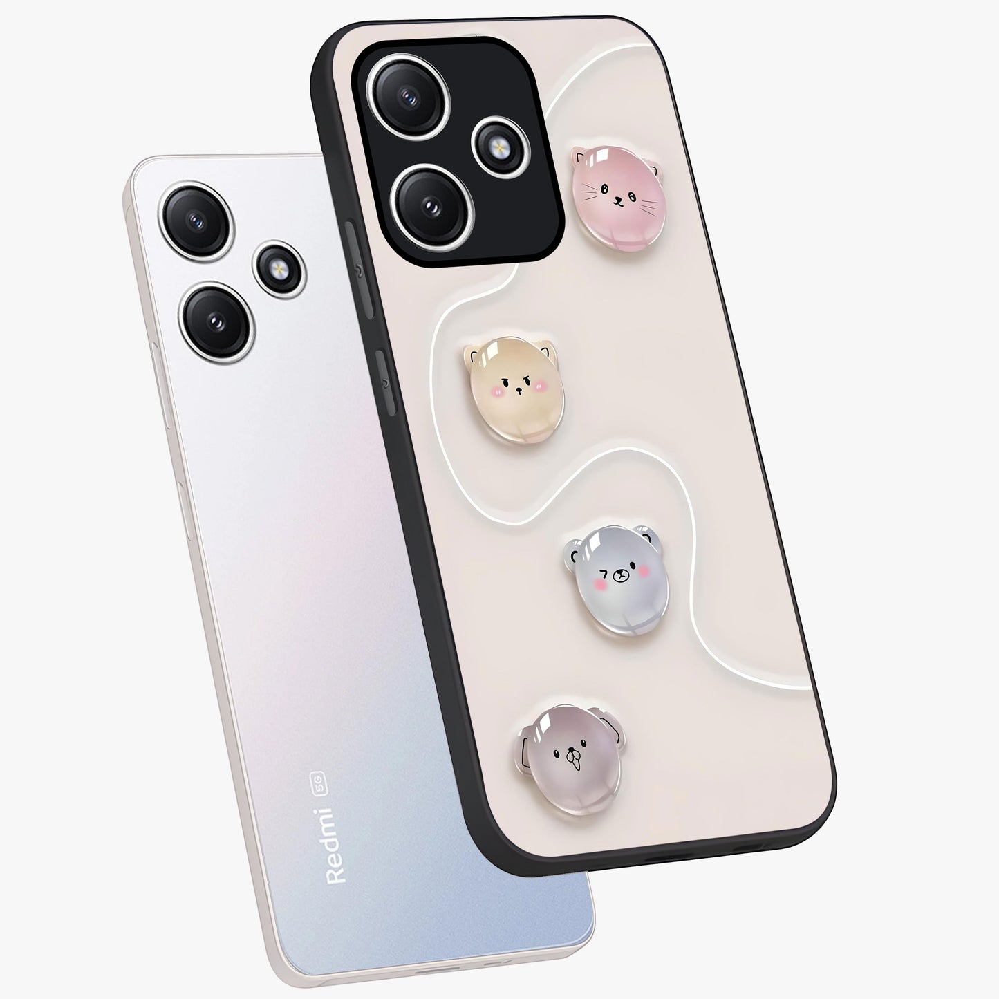 Puffy Face Parade Glass Case displayed in angled mockup highlighting playful cartoon face design with fun aesthetic.