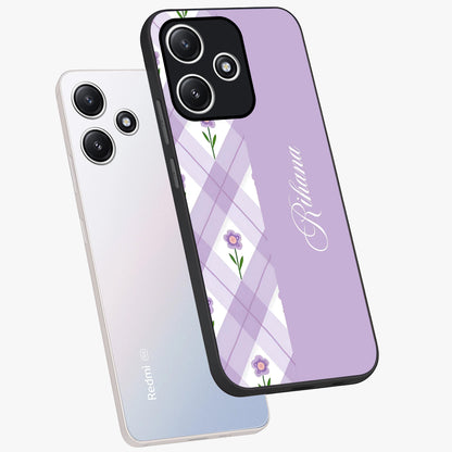 Purple Diamond Floral Glass Case displayed in angled mockup highlighting elegant purple flower design with decorative pattern.