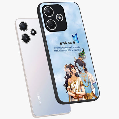 Radha Krishna Eternal Glass Case displayed in angled mockup highlighting divine Radha Krishna illustration with spiritual aesthetic.