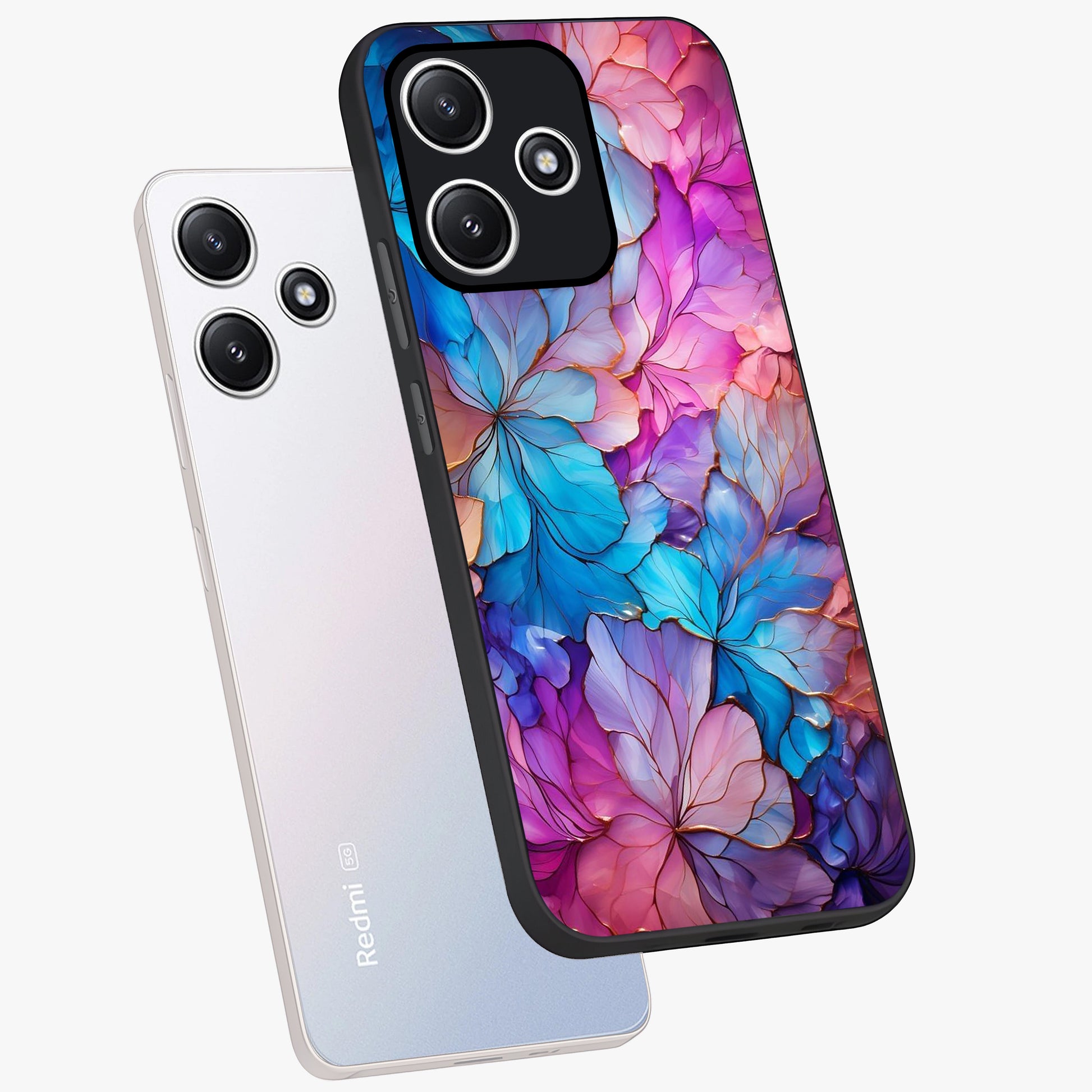 Radiant Floral Whirl Glass Case displayed in angled mockup highlighting vibrant flower pattern with dynamic artistic aesthetic.