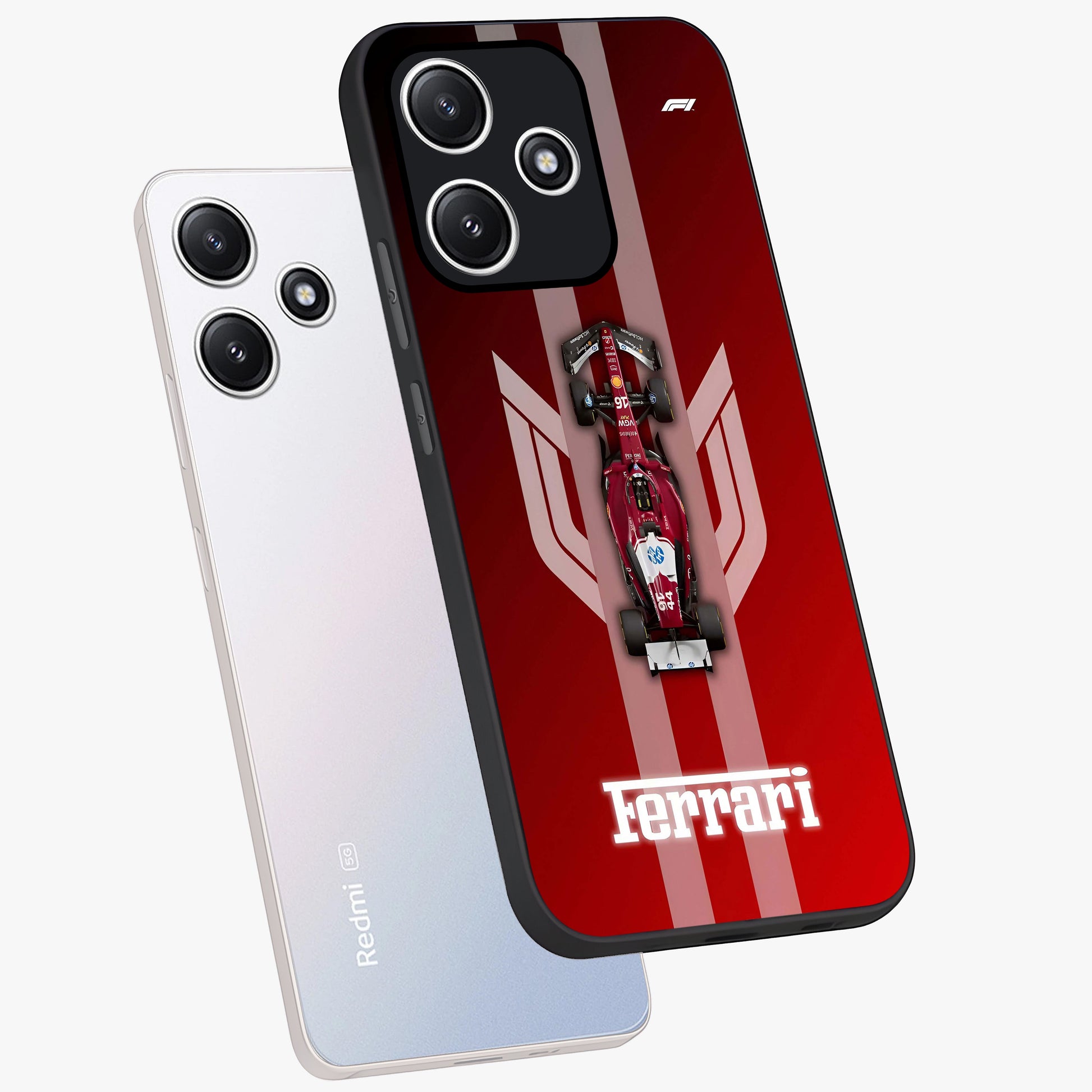 Red Ferrari F1 Vertical Glass Case displayed in angled mockup highlighting high speed racing design with bold automotive aesthetic.
