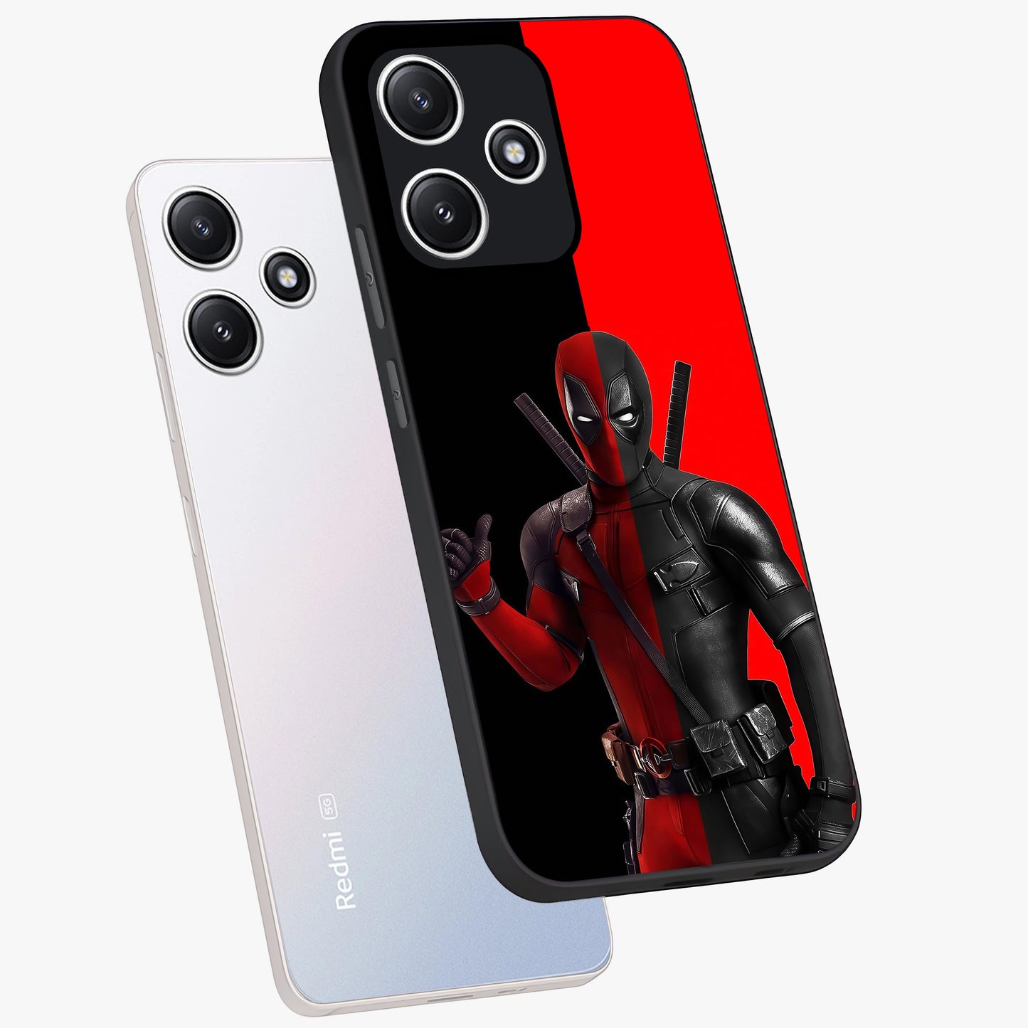Red & Black Deadpool Theme Glass Case displayed in angled mockup highlighting vibrant superhero style illustration with action aesthetic.