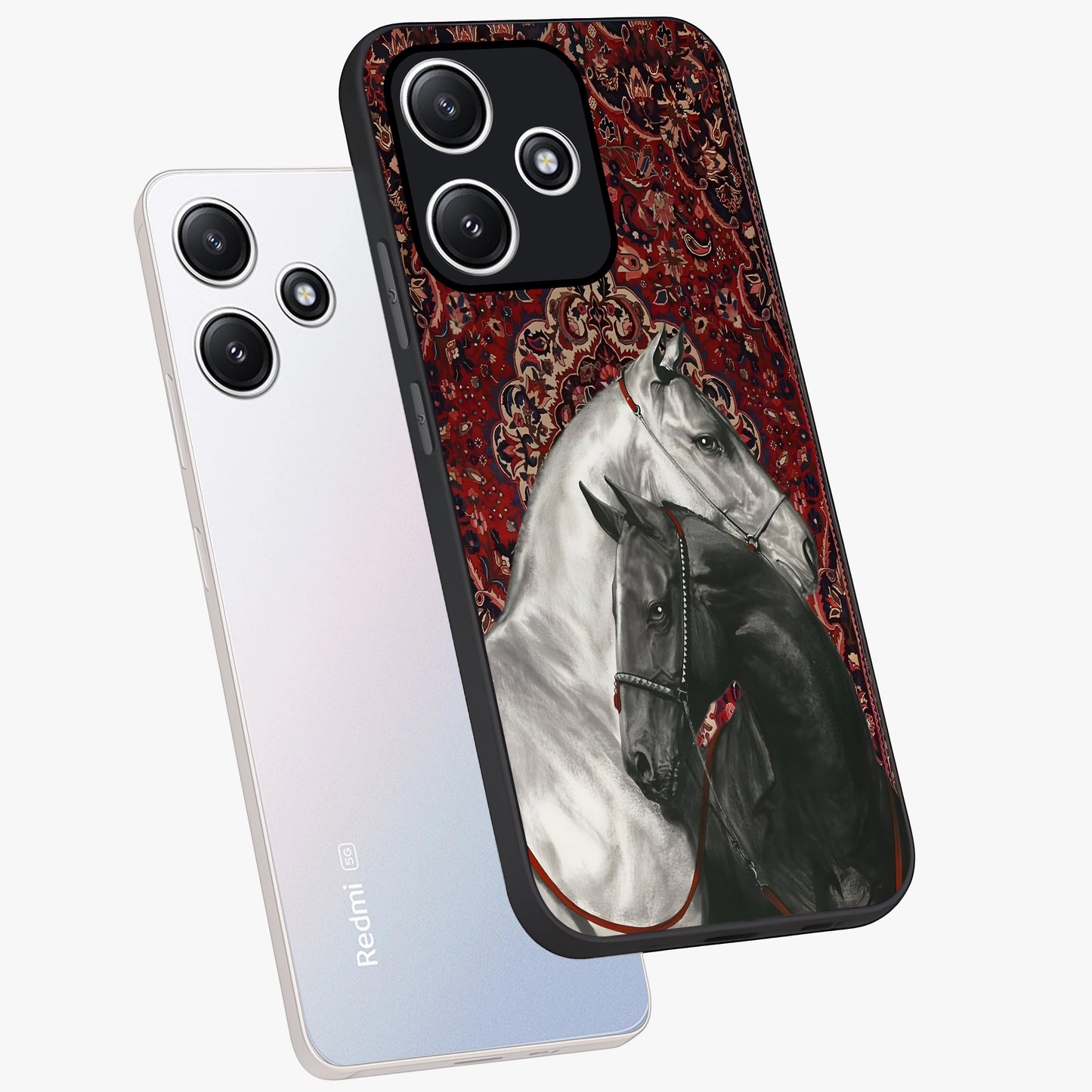 Regal Stallion Tapestry Glass Case displayed in angled mockup highlighting royal stallion design with decorative heritage aesthetic.