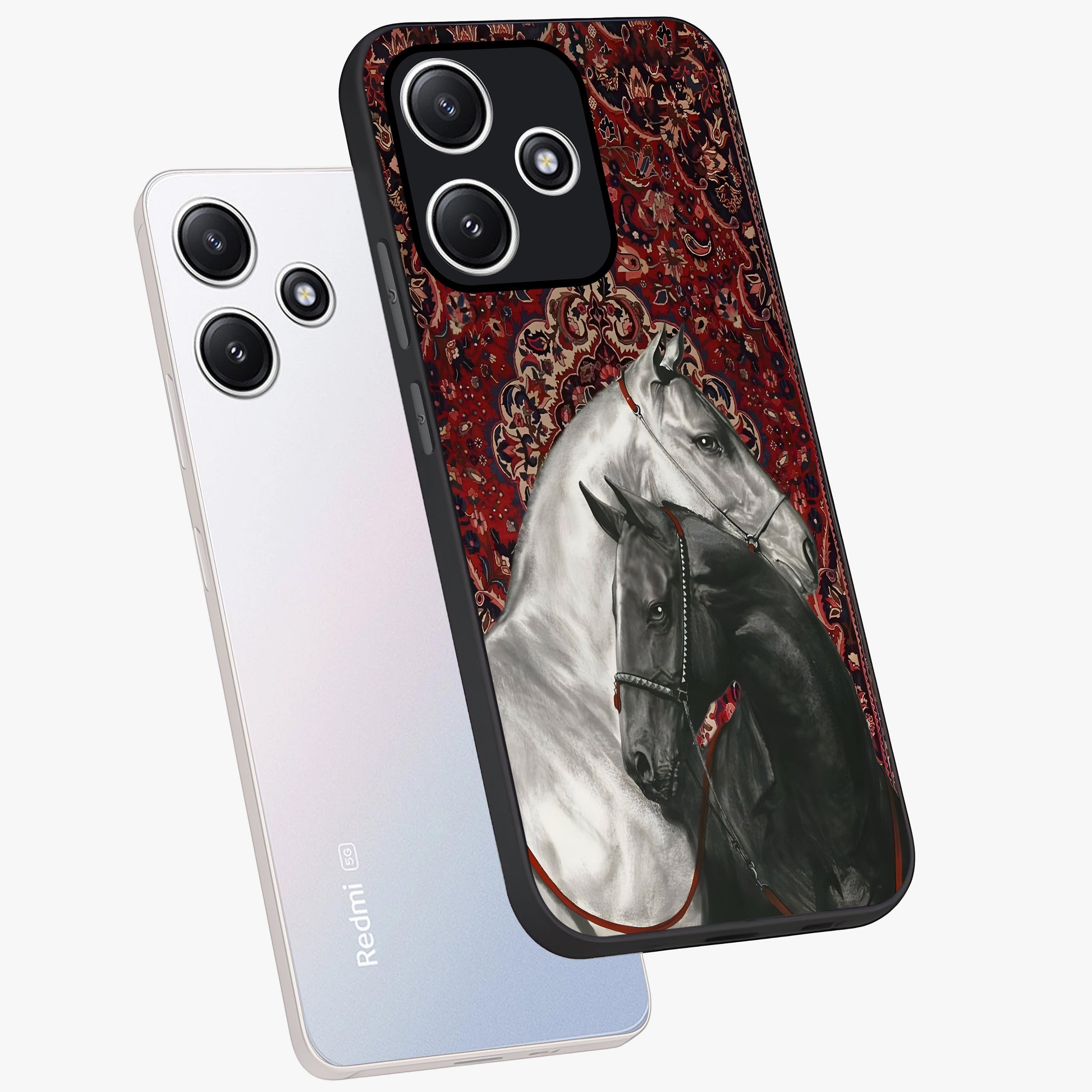 Regal Stallion Tapestry Glass Case displayed in angled mockup highlighting royal stallion design with decorative heritage aesthetic.