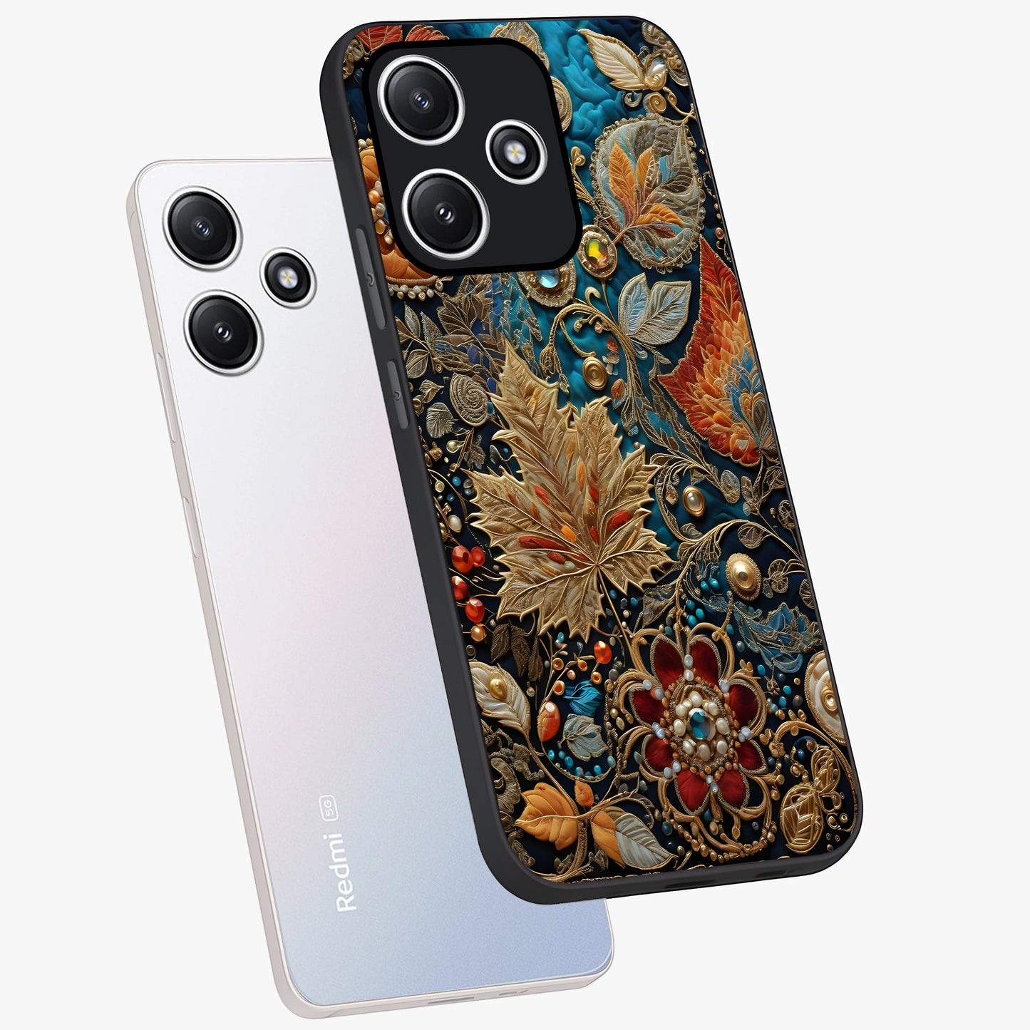 Royal Jewel Garden Glass Case displayed in angled mockup highlighting vibrant jewel inspired floral design with elegant aesthetic.