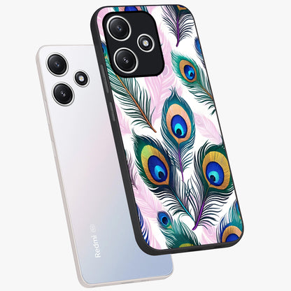 Royal Peacock Feathers Glass Case displayed in angled mockup highlighting vibrant feather pattern with regal aesthetic style.