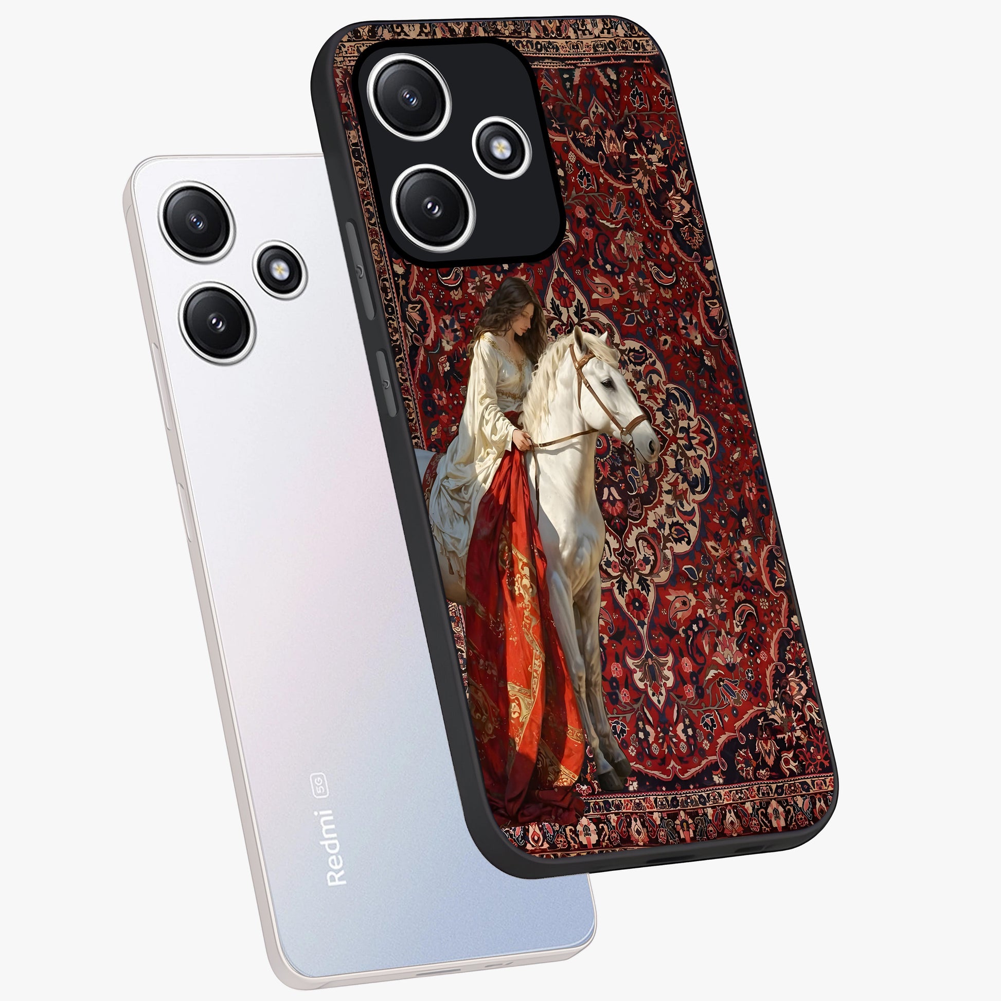 Royal Rider Tapestry Glass Case displayed in angled mockup highlighting traditional tapestry design with royal heritage aesthetic.