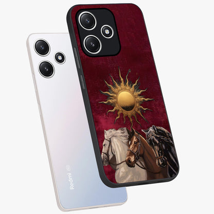 Solar Riders Glass Case displayed in angled mockup highlighting powerful rider illustration with radiant solar aesthetic.