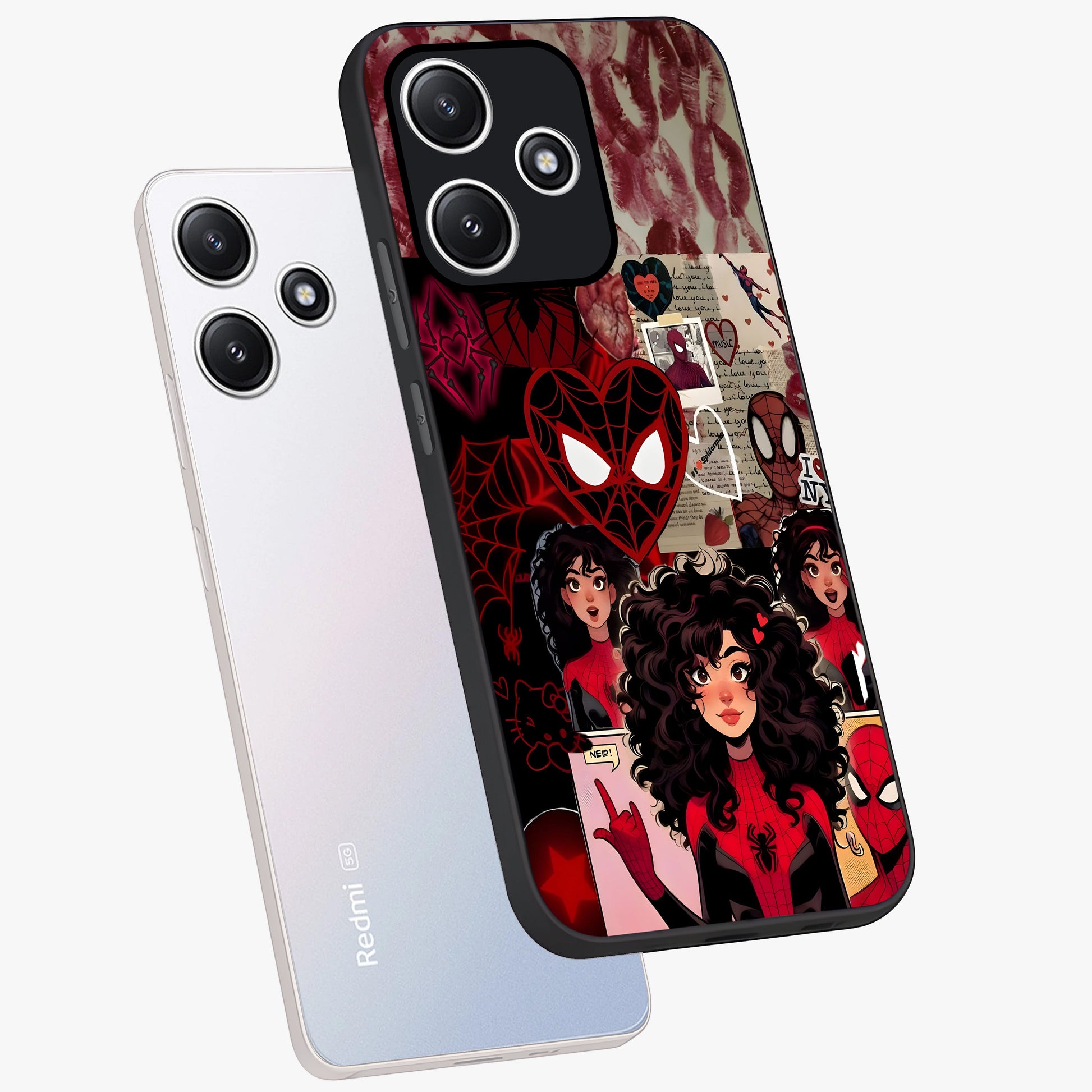 Spider Love Story Glass Case displayed in angled mockup highlighting expressive comic inspired design with playful aesthetic.