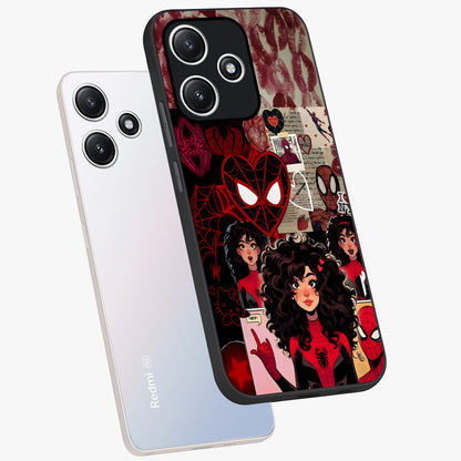 Spider Love Story Glass Case displayed in angled mockup highlighting expressive comic inspired design with playful aesthetic.