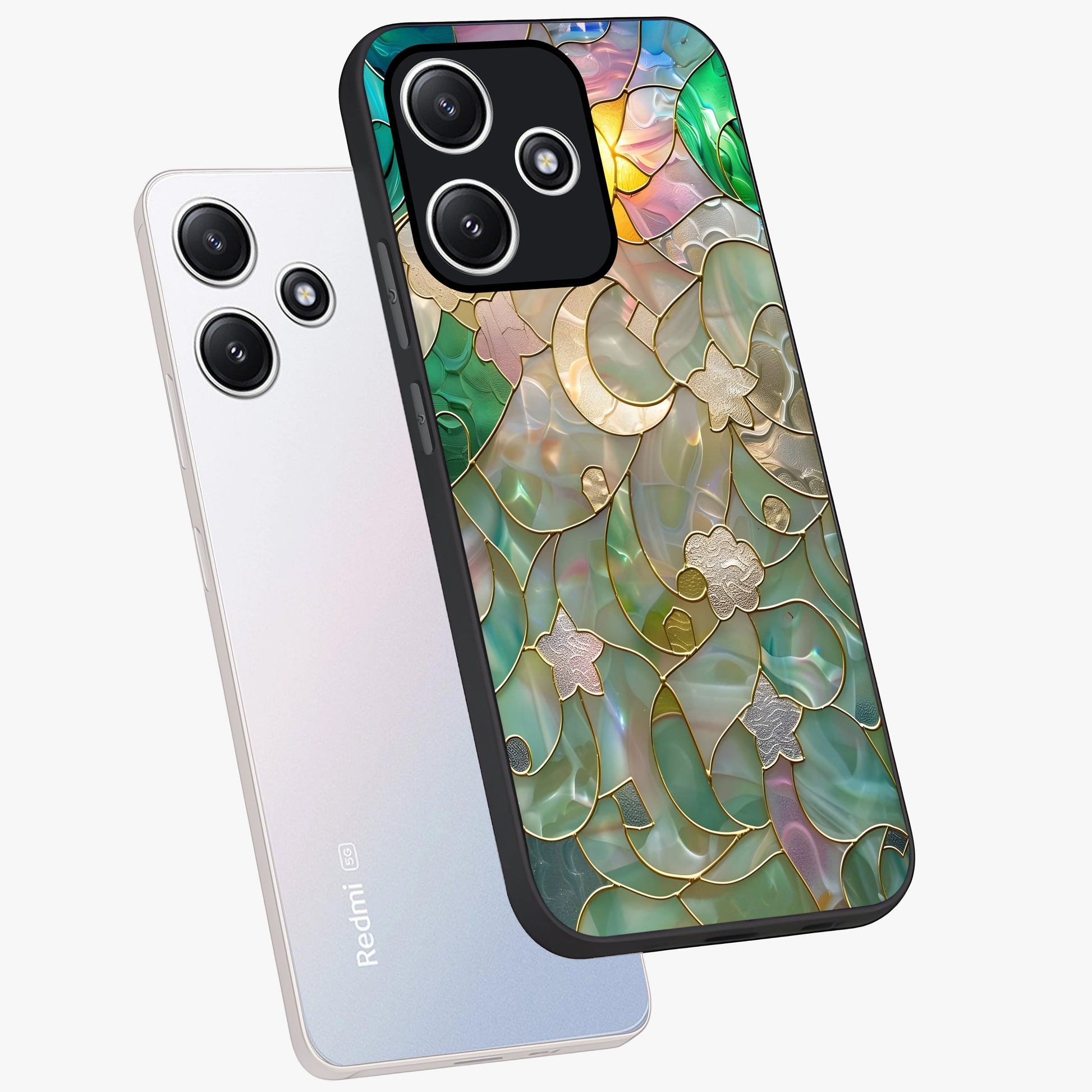 Stained Sunrise Glow Glass Case displayed in angled mockup highlighting radiant sunrise design with artistic aesthetic style.